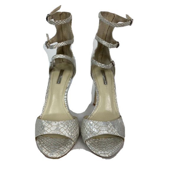 BCBG Sandals Womens Sz 10 Silver Gray Snake Print Stiletto Buckles Ankle Straps - Picture 3 of 9